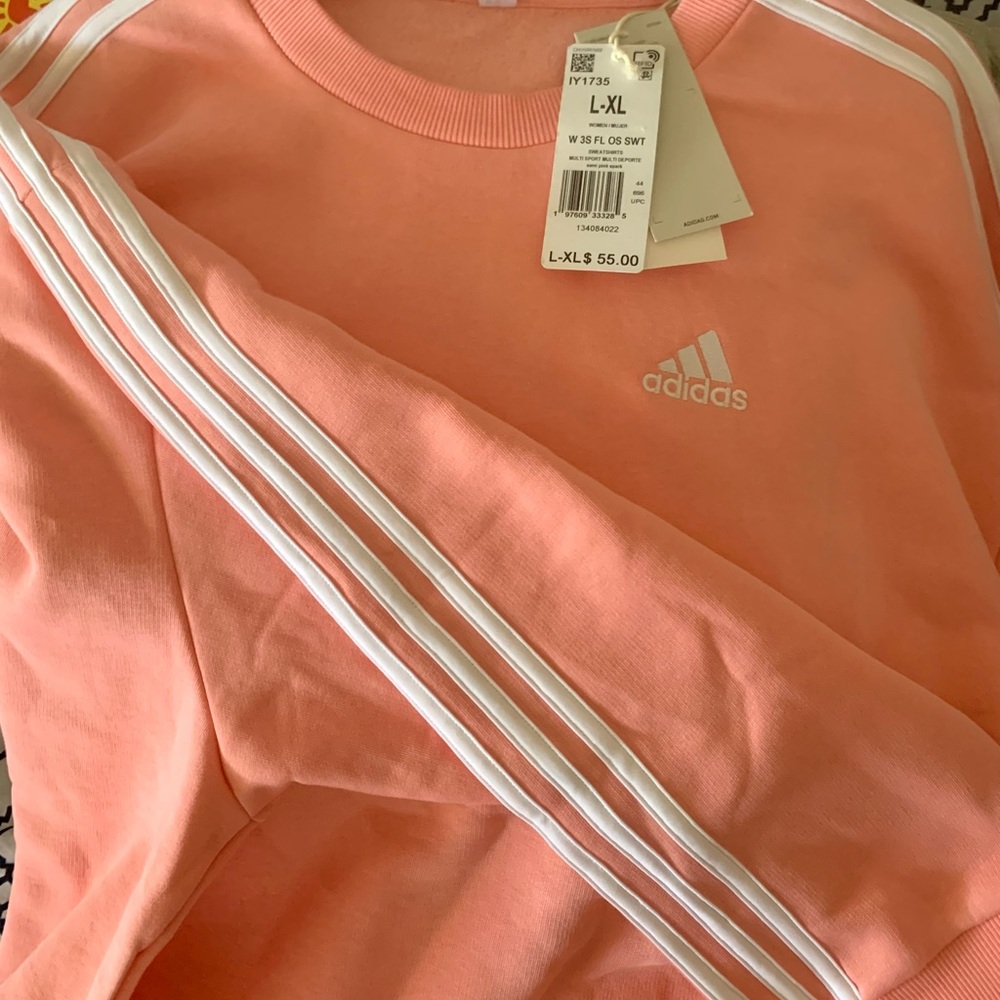 NWT Women’s Adidas pink Oversized Sweatshirt white sleeve stripes